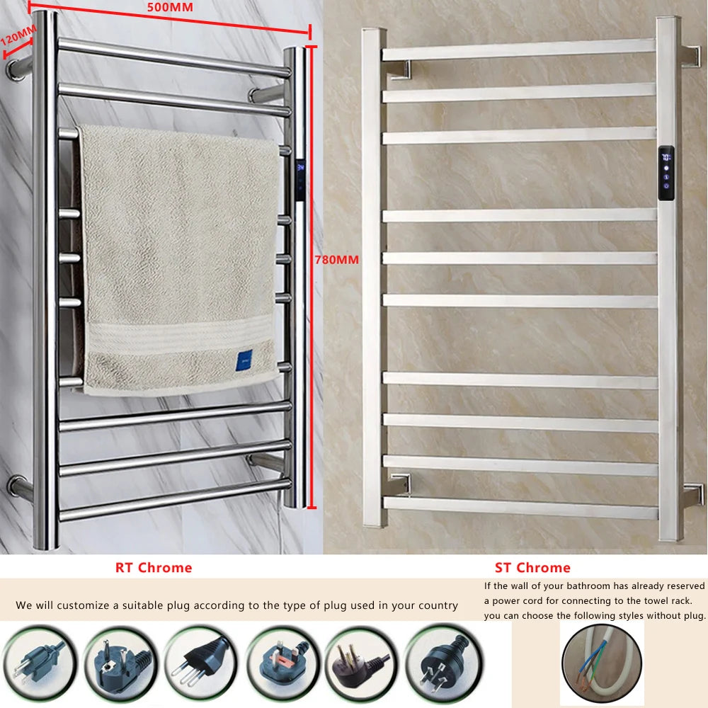 Smart Heated Towel Rack in 304 Stainless Steel – Wall-Mounted, Wi-Fi Control, Timer & Temperature Adjustable (110V/220V)