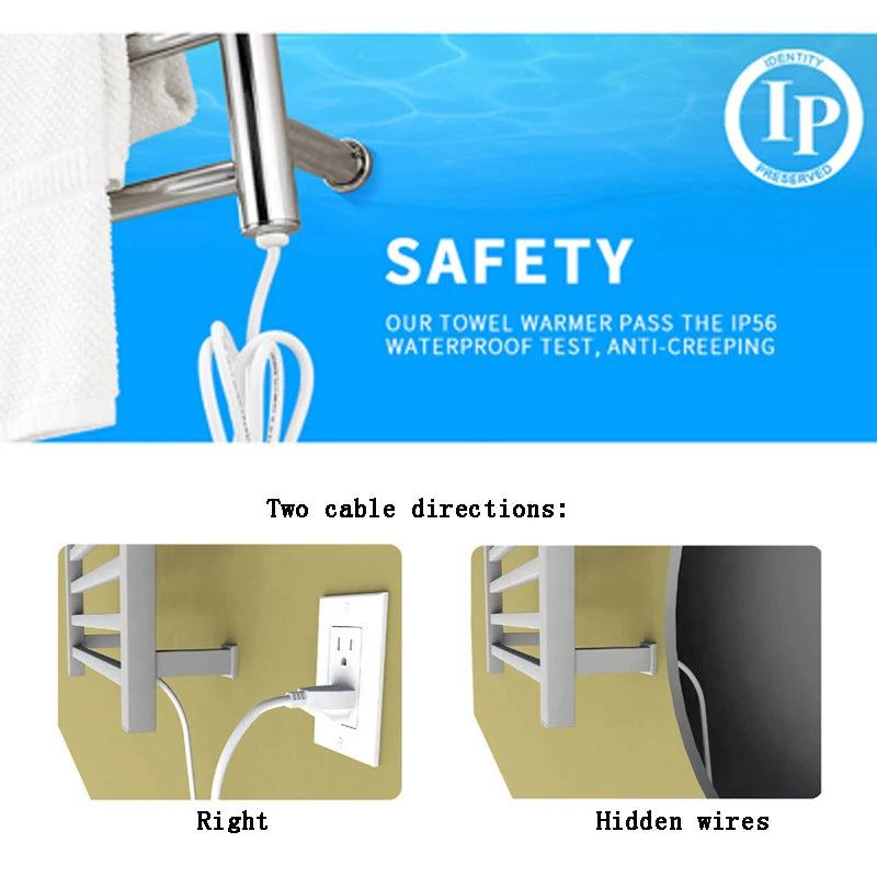 Smart Heated Towel Rack in 304 Stainless Steel – Wall-Mounted, Wi-Fi Control, Timer & Temperature Adjustable (110V/220V)