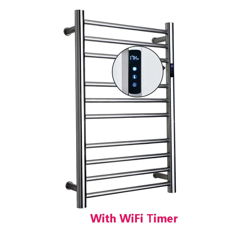 Smart Heated Towel Rack in 304 Stainless Steel – Wall-Mounted, Wi-Fi Control, Timer & Temperature Adjustable (110V/220V)