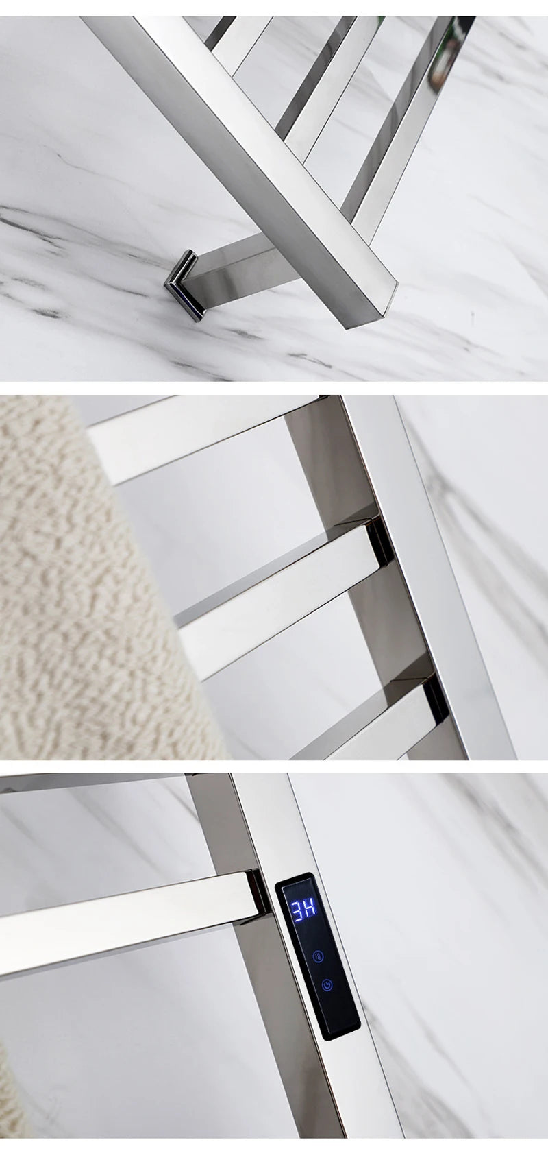 Smart Heated Towel Rack in 304 Stainless Steel – Wall-Mounted, Wi-Fi Control, Timer & Temperature Adjustable (110V/220V)