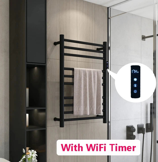 Smart Heated Towel Rack in 304 Stainless Steel – Wall-Mounted, Wi-Fi Control, Timer & Temperature Adjustable (110V/220V)