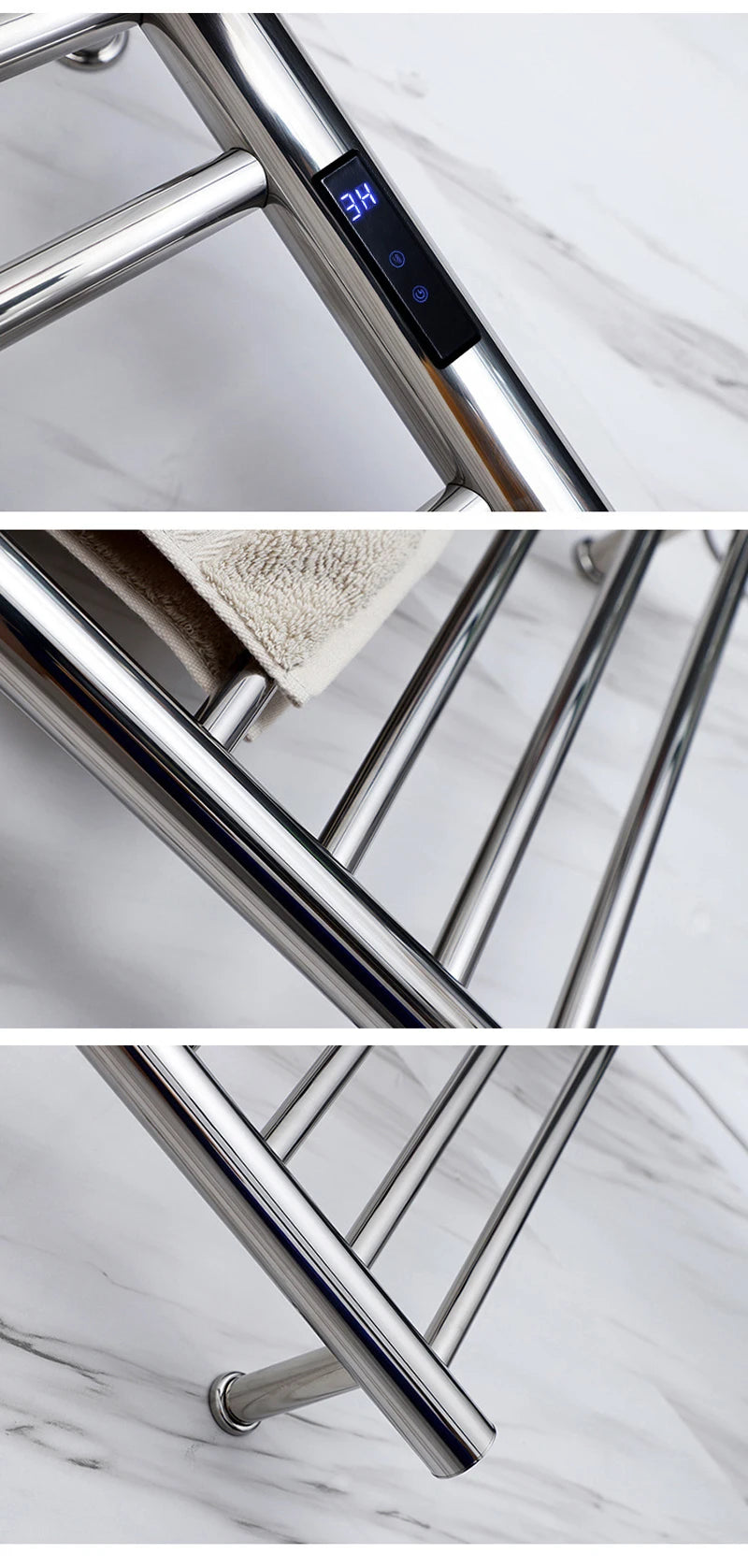 Smart Heated Towel Rack in 304 Stainless Steel – Wall-Mounted, Wi-Fi Control, Timer & Temperature Adjustable (110V/220V)